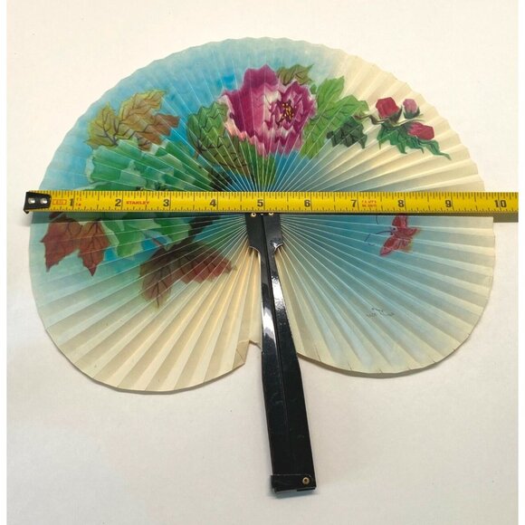 Vintage Chinese Folding Fan Floral Design Flowers Butterfly Round - Picture 3 of 9